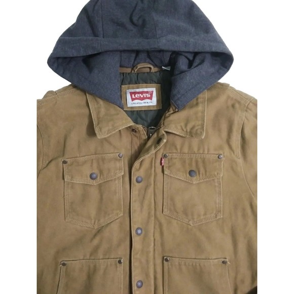Levis Jacket Men's Medium Brown Lined Zip Snap Canvas Hoodie Trucker Coat - Picture 2 of 10